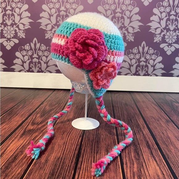 Crochet White, Pinks & Blue Earflap Hat - Picture 2 of 5